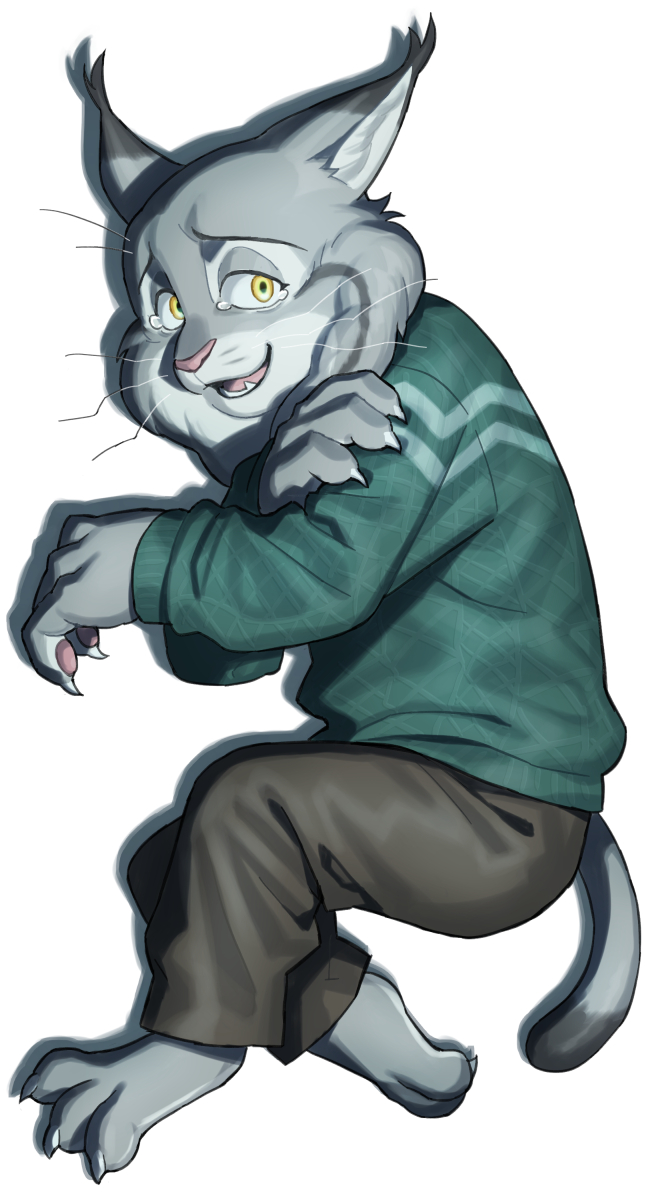 1boy, animal_ears, brown_pants, cat_boy, cat_ears, cat_tail, claws, commentary