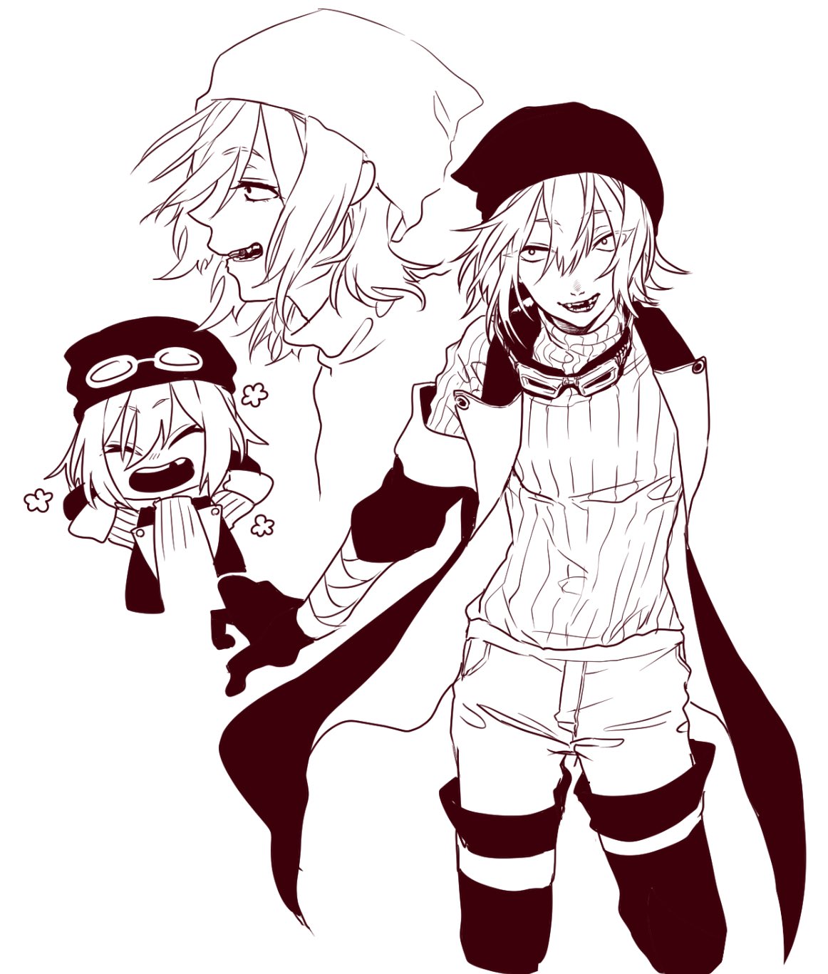 1boy, boots, commentary_request, drooopout, goggles, goggles_around_neck, goggles_on_head, hair_between_eyes, hat, highres, jacket, male_focus, medium_hair, missing_tooth, monochrome, multiple_views, open_clothes, open_jacket, open_mouth, pants, profile, sleeveless, sleeveless_jacket, sweater, thigh_boots, tsav_(yuushakei_ni_shosu), turtleneck, turtleneck_sweater, upper_body, white_background, yuushakei_ni_shosu