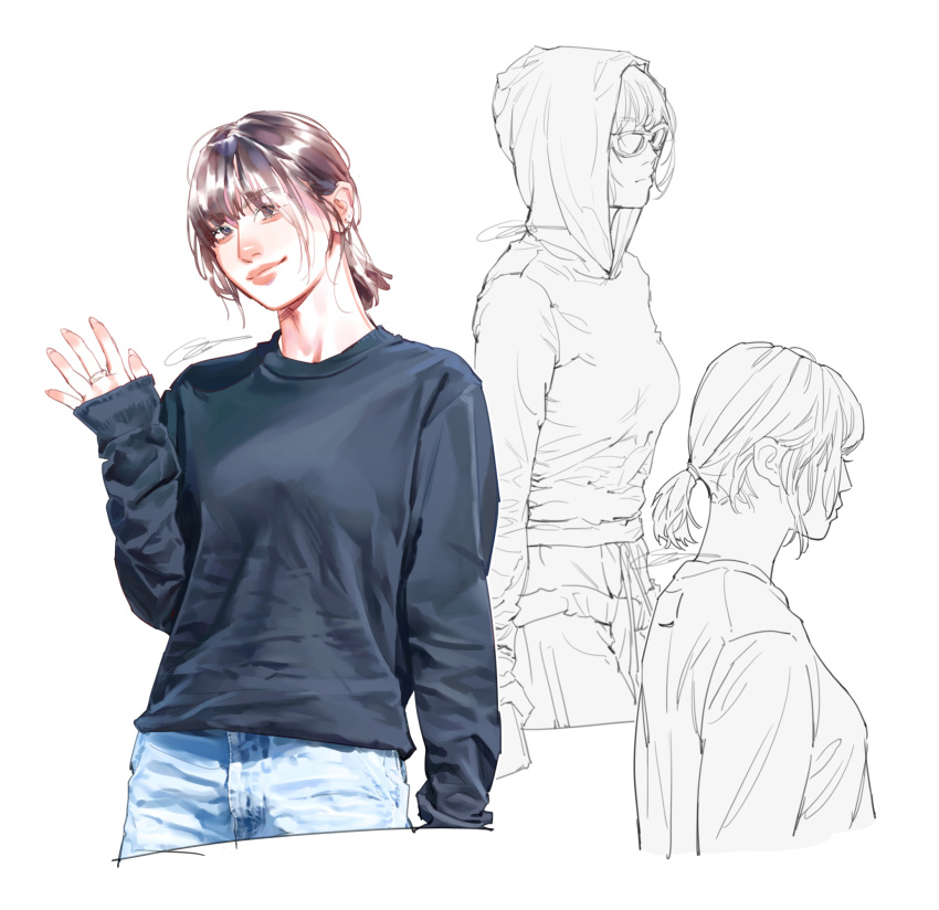 1girl, asian, black_sweater, blue_pants, brown_hair, commentary_request, denim, grey_eyes, hair_behind_ear, highres, hood, hood_up, hoodie, jeans, jewelry, k-pop, momo_(twice), multiple_views, ochie, pants, ponytail, real_life, ring, short_hair, signature, simple_bac, sleeves_past_wrists, smile, sweater, sweatpants, twice_(group), waving, white_background