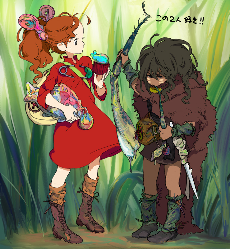 arrietty, bad_id, bag, black_hair, boots, clothes_pin, dress, facial_mark