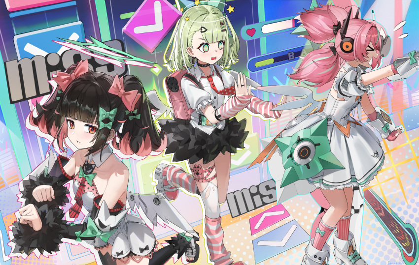 >_<, 3girls, @_@, absurdres, angels_of_delusion, aria_(zenless_zone_zero), arm_warmers, backpack