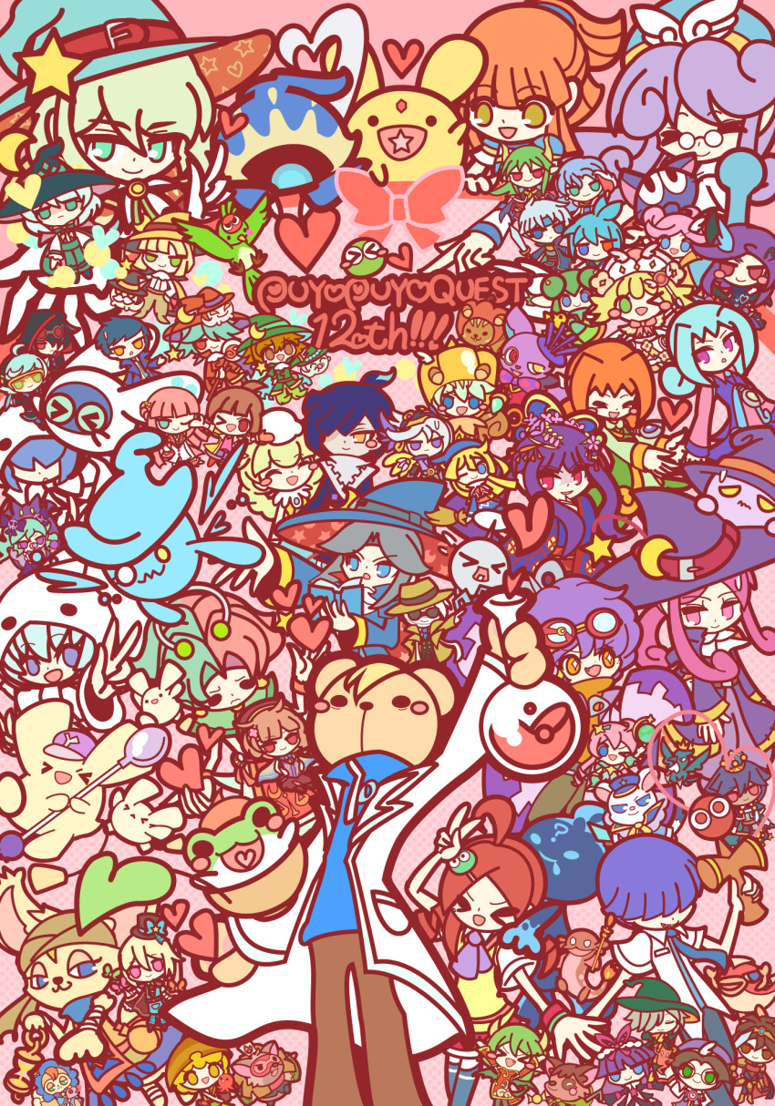 accord_sensei, andou_ringo, bird, black_hair, blonde_hair, blue_eyes, blue_hair, blue_necktie, blush_stickers, book, bow, brown_eyes, brown_hair, character_request, closed_eyes, commentary_request, copyright_name, crescent, crescent_hat_ornament, draco_centauros, ecolo_(puyopuyo), fang, glasses, green_eyes, green_hair, hair_ornament, hair_over_eyes, hair_over_one_eye, hat, hat_bow, hat_ornament, heart, heterochromia, highres, holding, holding_book, kokodokopikka, multicolored_hair, necktie, one_eye_closed, open_mouth, orange_eyes, orange_hair, pince-nez, pink_hair, purple_hair, puyopuyo, puyopuyo_quest, red_eyes, red_hair, risukuma_(puyopuyo), rozatte_(puyopuyo), sasaki_maguro, scepter, smile, star_(symbol), star_hat_ornament, sunglasses, sword, two-tone_hair, v, violet_eyes, weapon, yellow_eyes