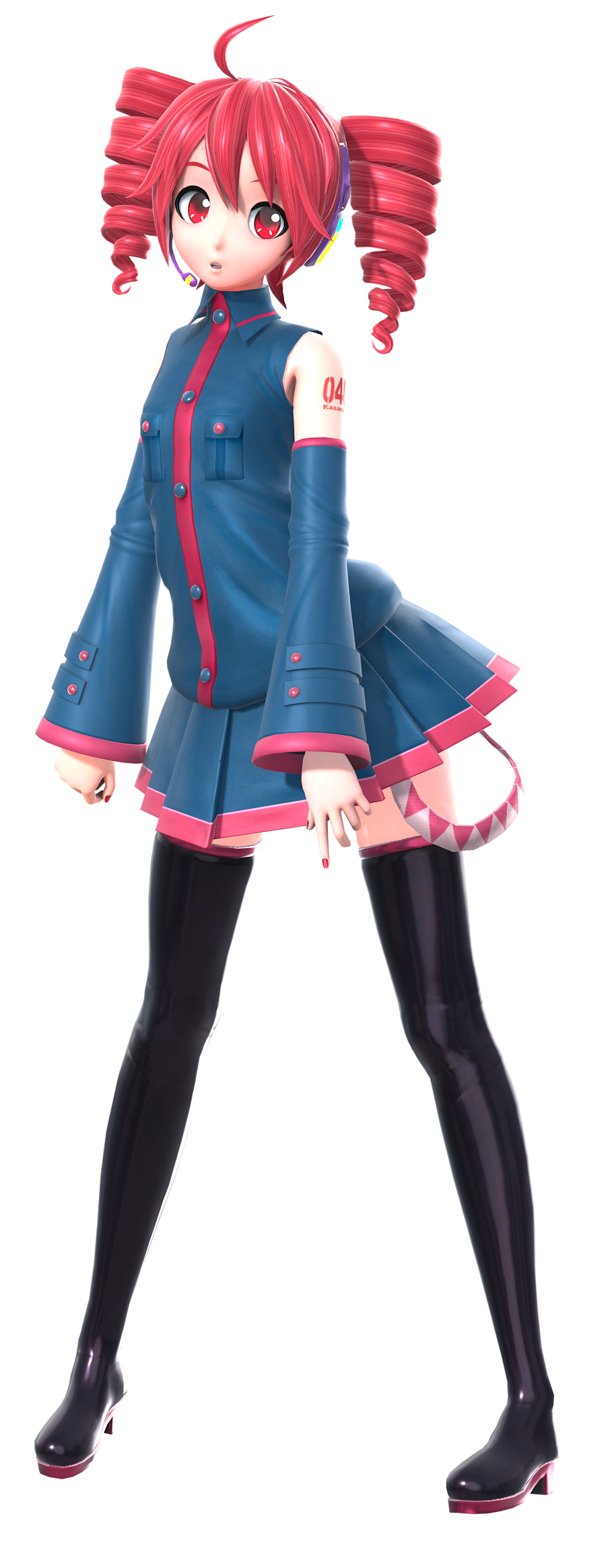 1girl, 3d, ahoge, arm_tattoo, blue_shirt, blue_skirt, blue_sleeves, collared_shirt