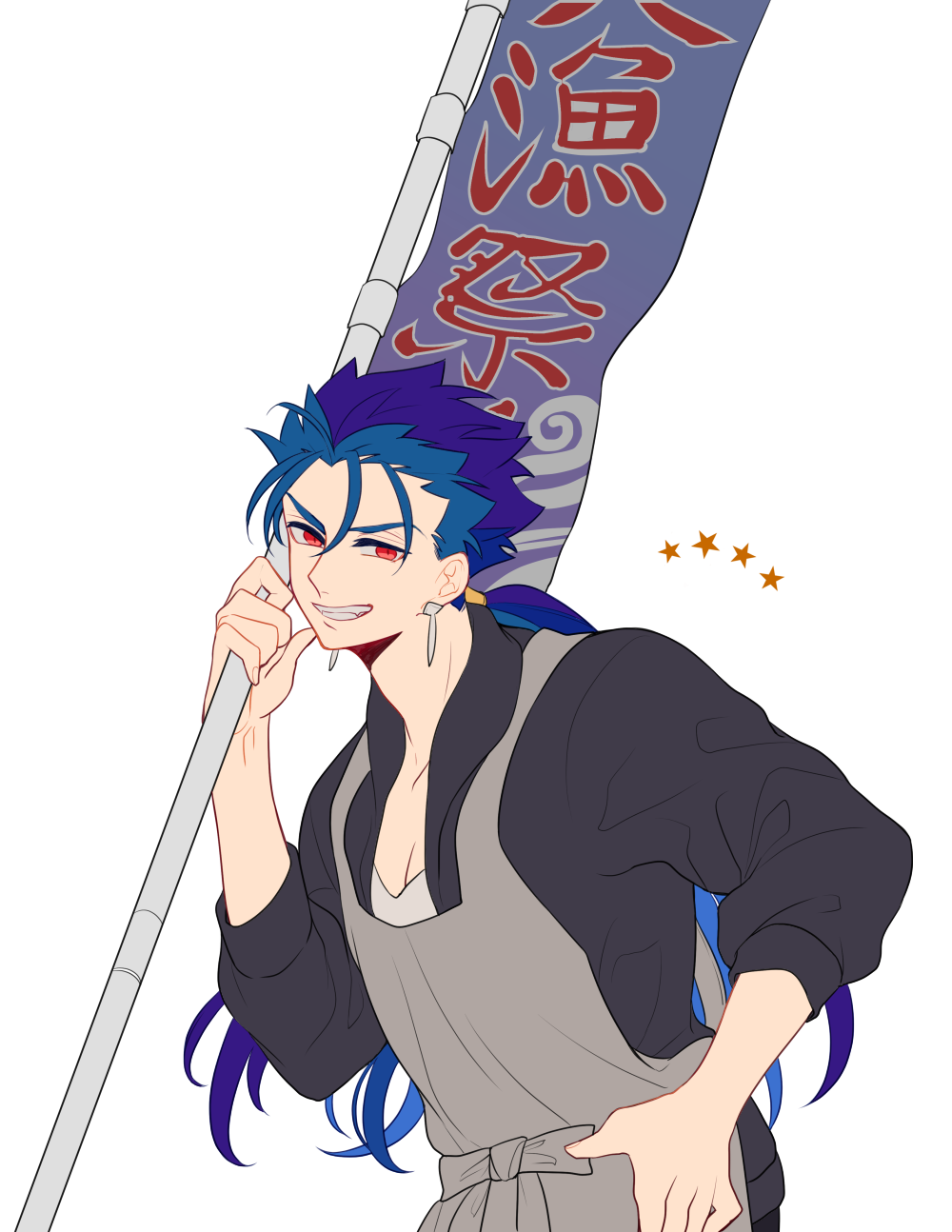 1boy, adam's_apple, apron, black_jacket, blue_hair, commentary_request, cu_chulainn_(fate), earrings