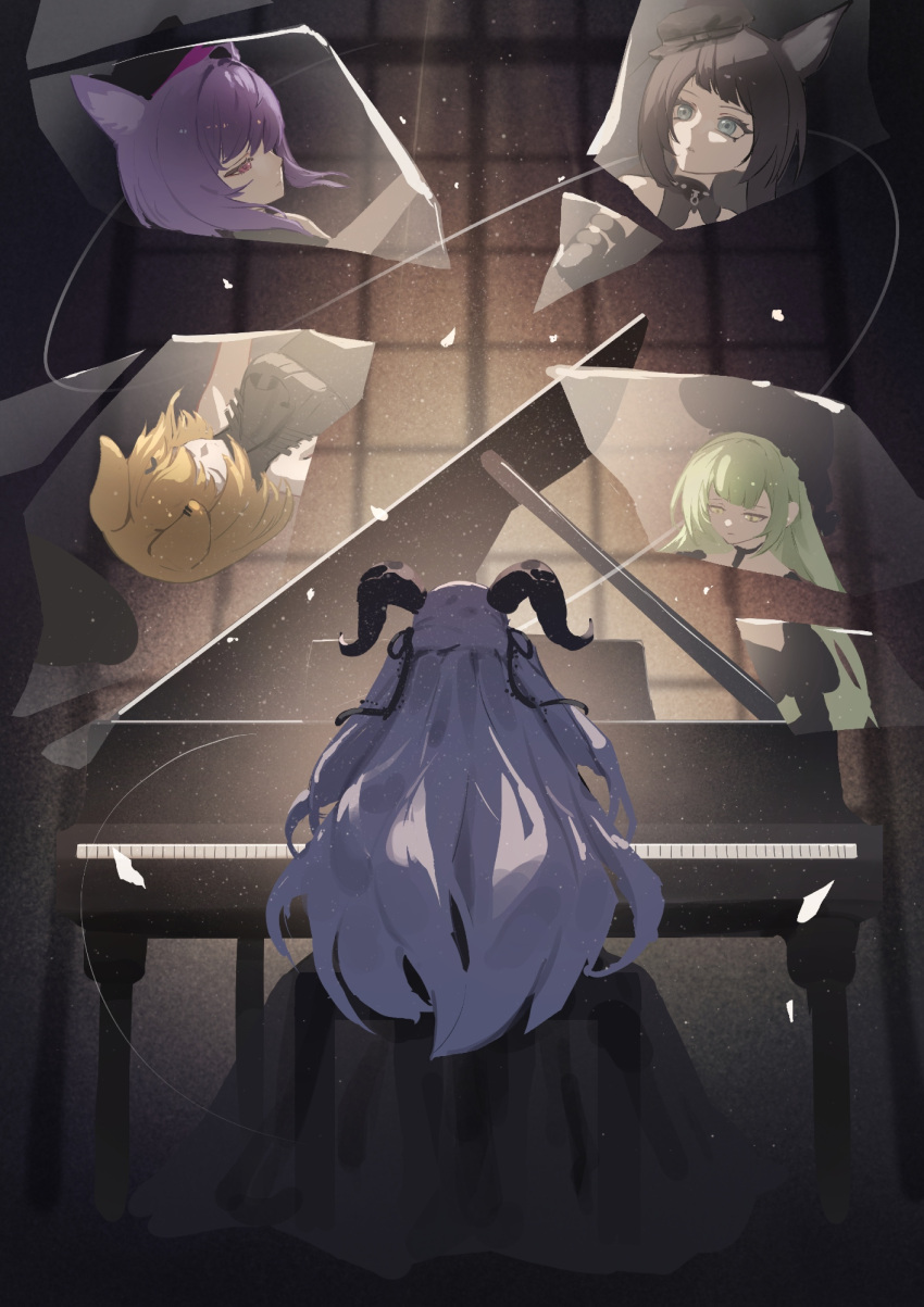 5girls, animal_ears, arknights, ave_mujica_(bang_dream!), bang_dream!, bang_dream!_it's_mygo!!!!!, black_choker, black_dress, black_hat, black_ribbon, blue_eyes, blue_hair, breasts, cat_ears, cat_girl, choker, clip_studio_paint_(medium), closed_eyes, commentary, dog_ears, dog_girl, dress, green_hair, hair_ribbon, hat, highres, horns, ichira, instrument, light_particles, long_hair, making-of_available, medium_breasts, misumi_uika, misumi_uika_(caged_singer), multiple_girls, piano, pink_eyes, purple_hair, ribbon, sleeveless, sleeveless_dress, togawa_sakiko, togawa_sakiko_(master_of_melodia), two_side_up, wakaba_mutsumi, wakaba_mutsumi_(marionette's_id), wolf_ears, wolf_girl, yahata_umiri, yahata_umiri_(moonlight_executioner), yellow_eyes, yuutenji_nyamu, yuutenji_nyamu_(magician_of_passion)