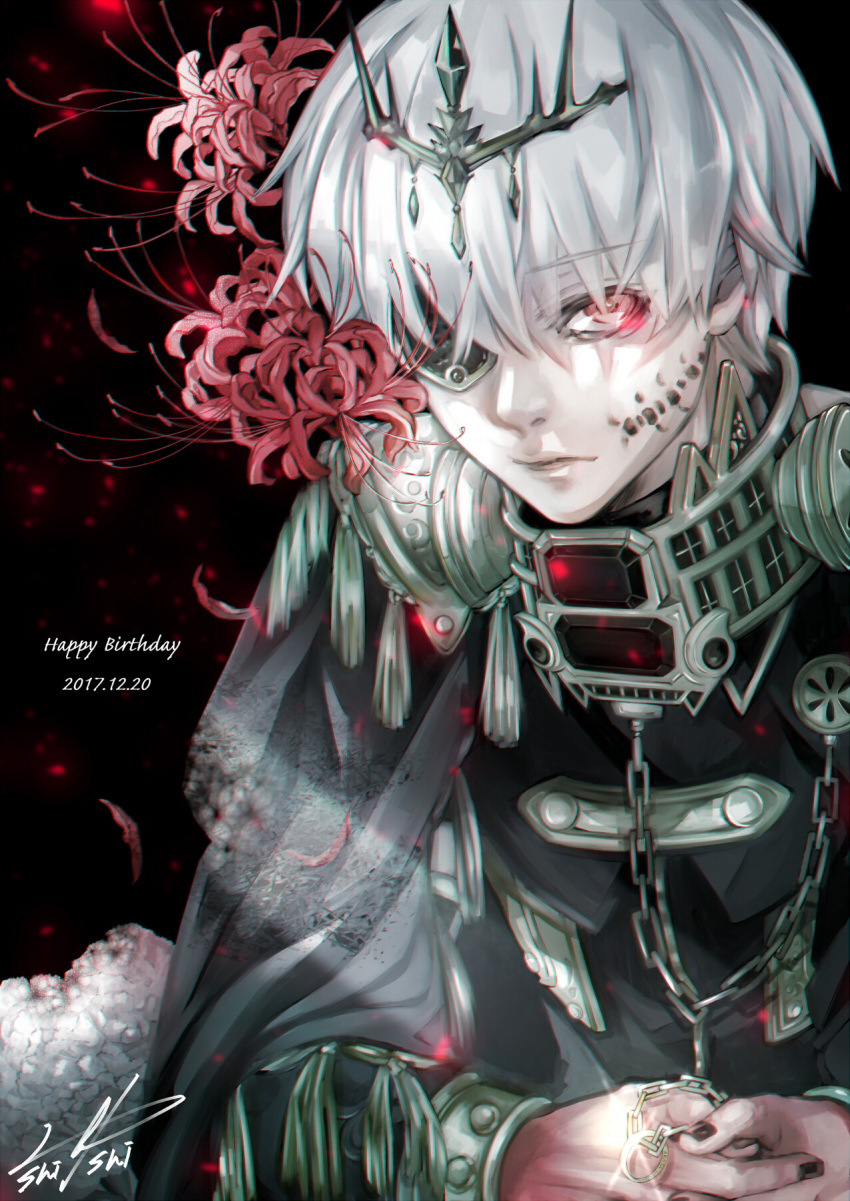 1boy, artist_name, black_background, black_cape, black_gem, black_jacket, cape, chain, closed_mouth, commentary_request, dated, eyepatch, facial_mark, flower, gem, glint, hair_between_eyes, happy_birthday, highres, jacket, kaneki_ken, long_sleeves, looking_at_viewer, male_focus, military_uniform, one_eye_covered, red_eyes, red_flower, shishi_(eai_make), short_hair, side_cape, signature, solo, spider_lily, tiara, tokyo_ghoul, upper_body, white_hair