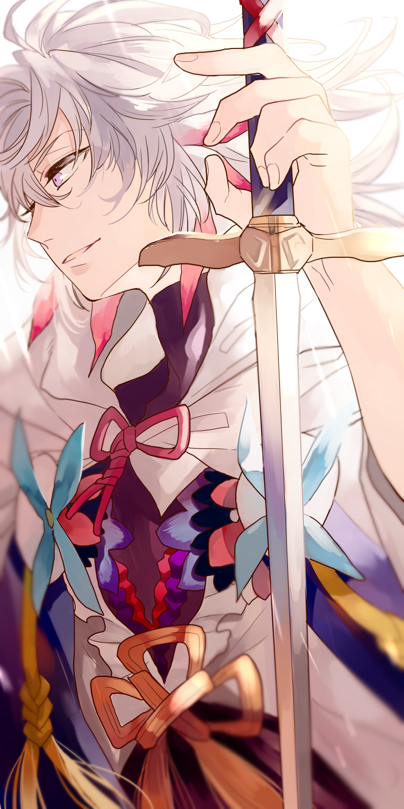 1boy, blurry, commentary_request, depth_of_field, fate/grand_order, fate_(series), fingernails, goshiko86g, grey_hair, hair_between_eyes, highres, holding, holding_sword, holding_weapon, long_hair, looking_ahead, male_focus, merlin_(fate), parted_lips, pink_ribbon, ribbon, short_hair, solo, sword, tassel, weapon, white_background