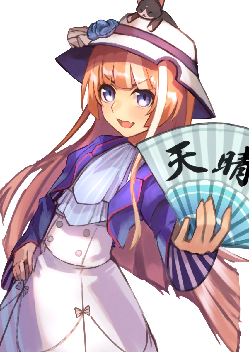 1girl, absurdres, akikawa_yayoi's_cat, akikawa_yayoi_(umamusume), animal_on_head, blue_eyes, blue_jacket, blush