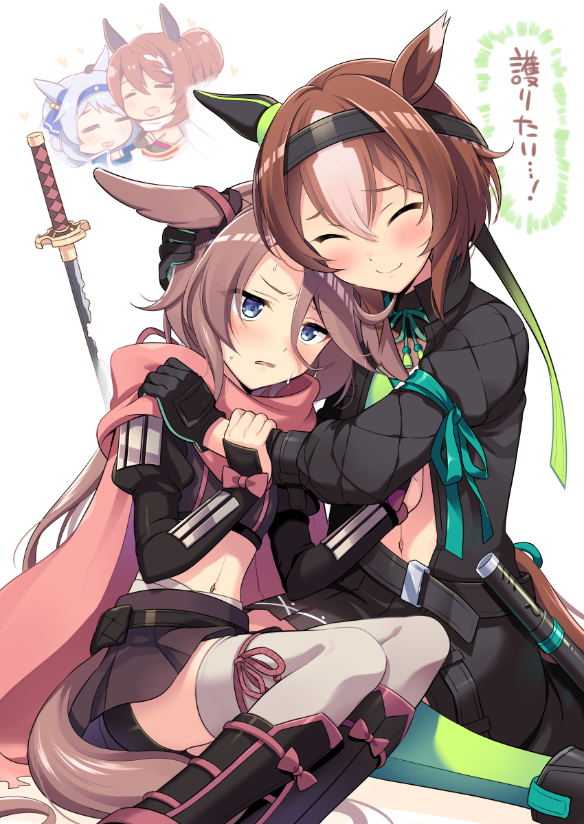4girls, ^_^, animal_ears, arm_guards, bike_shorts, black_gloves, black_jacket, black_shorts