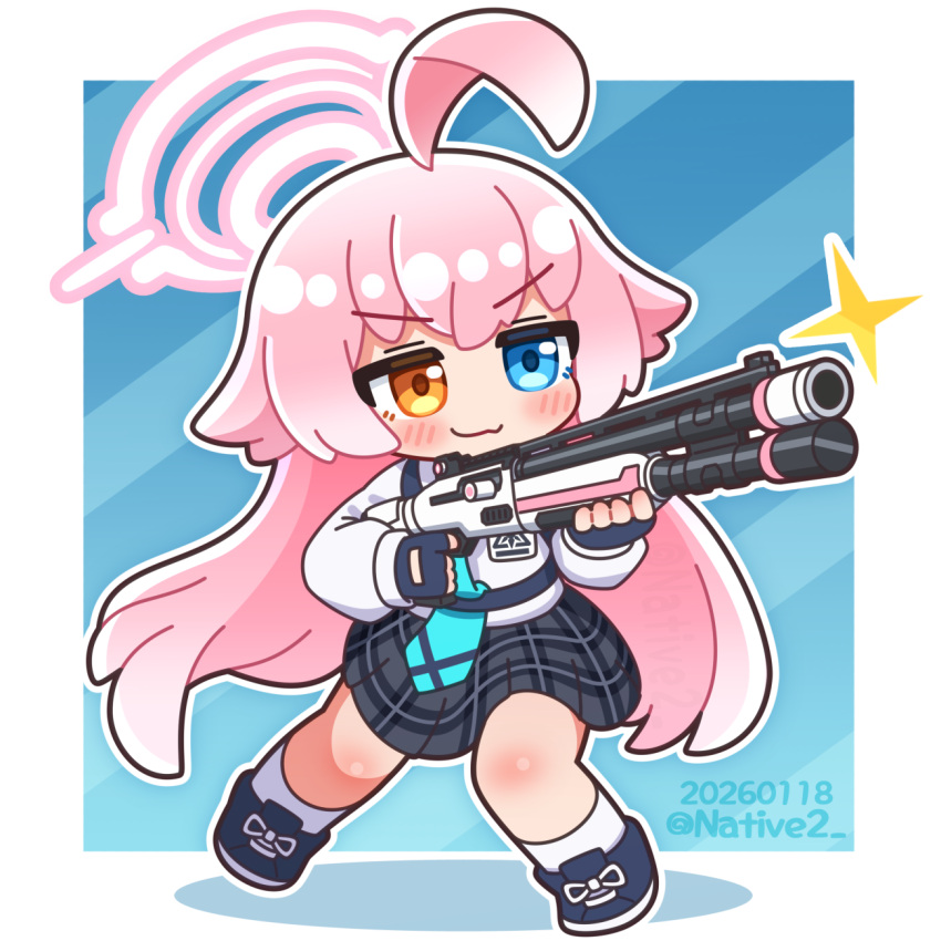 1girl, :3, ahoge, black_skirt, blue_archive, blue_background, blue_eyes, blue_gloves, blue_necktie, blue_shoes, blush, border, chibi, chibi_only, closed_mouth, collared_shirt, commentary_request, dated, fingerless_gloves, full_body, gloves, gun, halo, heterochromia, highres, holding, holding_gun, holding_weapon, hoshino_(blue_archive), long_hair, long_sleeves, native_(native37825), necktie, orange_eyes, outline, outside_border, pink_hair, pink_halo, plaid_clothes, plaid_skirt, rifle, shirt, shoes, skirt, smile, socks, solo, sparkle, standing, twitter_username, v-shaped_eyebrows, weapon, white_border, white_outline, white_shirt, white_socks