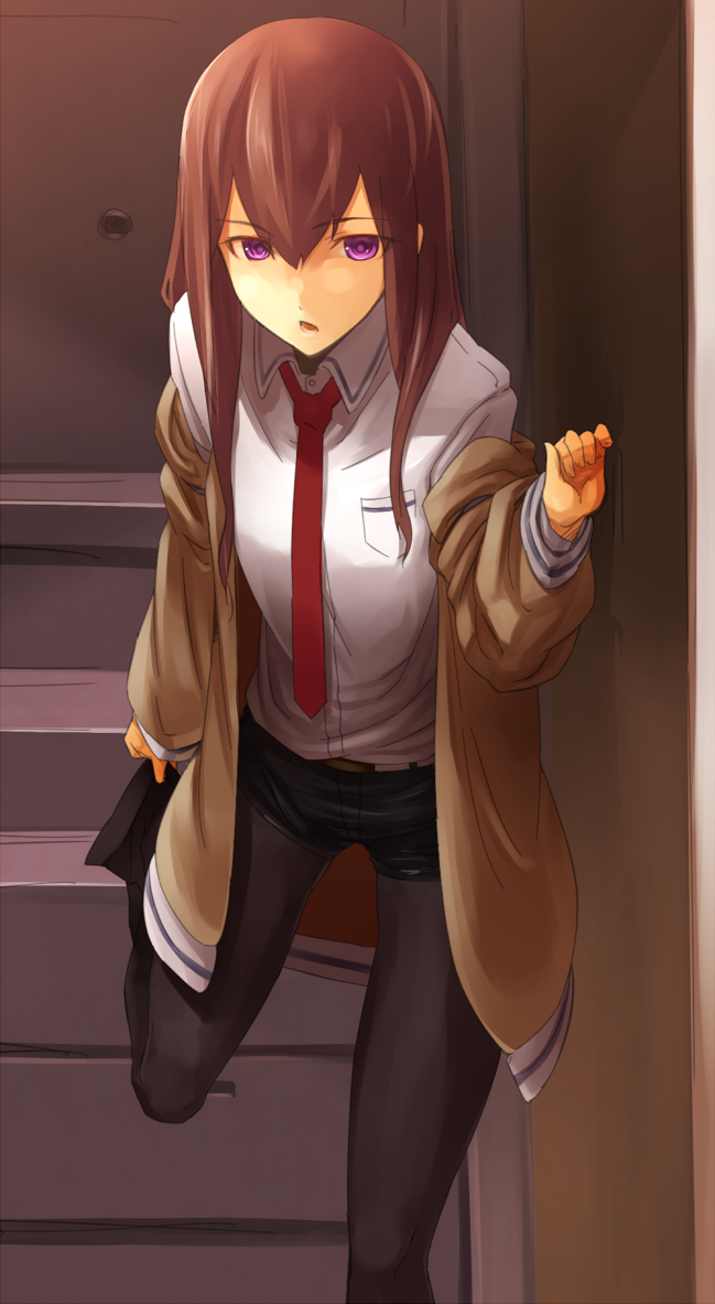 jacket, legwear_under_shorts, long_hair, makise_kurisu, pantyhose, purple_eyes, shorts, solo