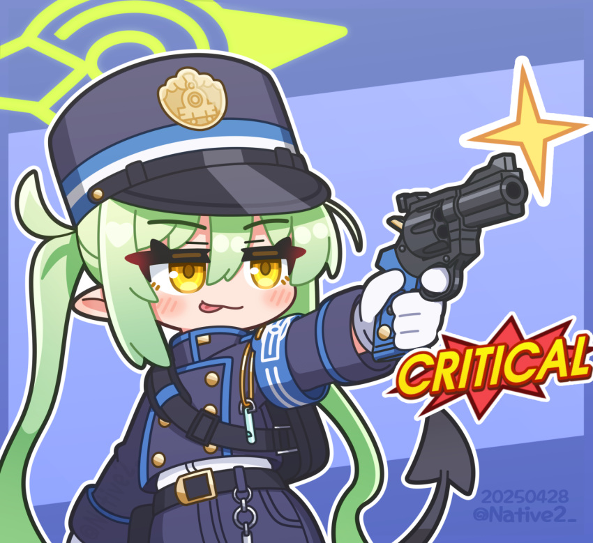 1girl, :3, :p, blue_archive, blush, commentary_request, demon_tail, finger_on_trigger