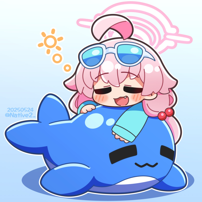 1girl, :3, :d, ahoge, blue_archive, blue_background, blue_shirt, blush