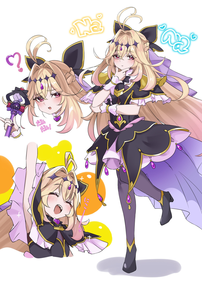 1girl, ?, absurdres, antenna_hair, black_bow, black_capelet, black_dress, blonde_hair