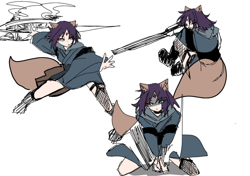 1girl, aiming, animal_ears, black_kimono, cho_kaguya-hime!, closed_mouth, commentary_request, dual_wielding