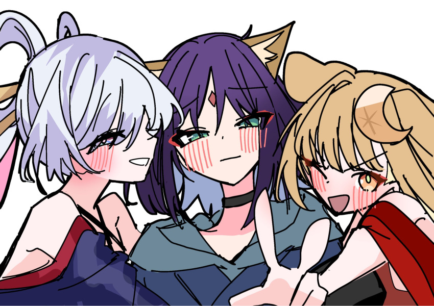 3girls, ;d, animal_ears, bare_shoulders, blue_eyes, blue_hoodie, blue_kimono, cho_kaguya-hime!