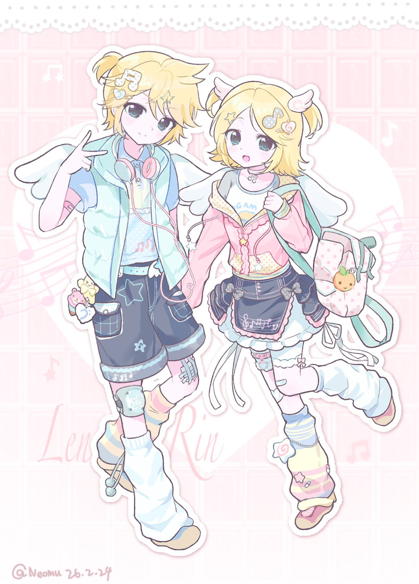 1boy, 1girl, :d, asymmetrical_legwear, bag, blonde_hair, blue_shirt, blue_shorts