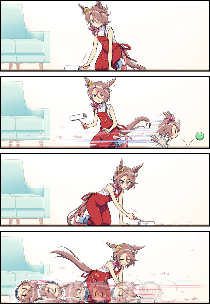 2girls, afterimage, animal_ears, apron, ball, blue_eyes, blue_pants, blush
