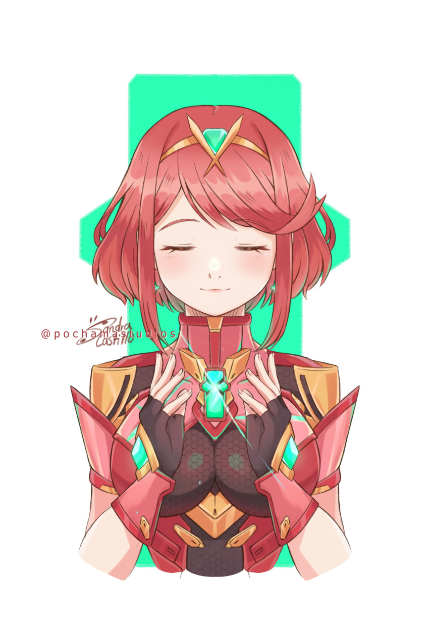 1girl, absurdres, artist_name, bob_cut, breasts, brown_gloves, chest_jewel, closed_eyes