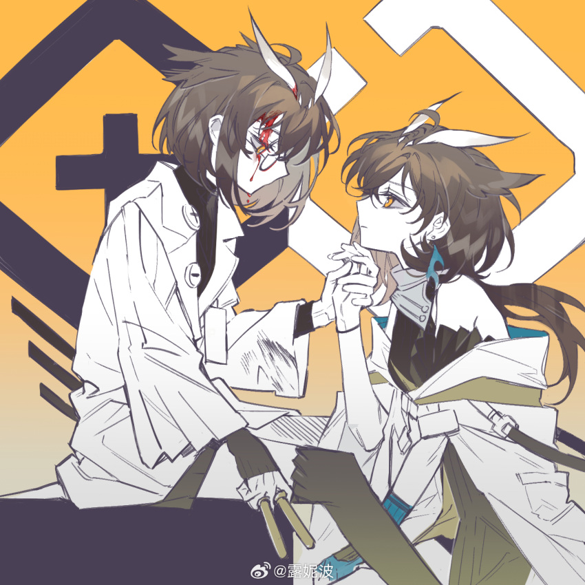 2girls, arknights, bare_shoulders, brown_hair, chinese_commentary, closed_mouth, coat, commentary_request