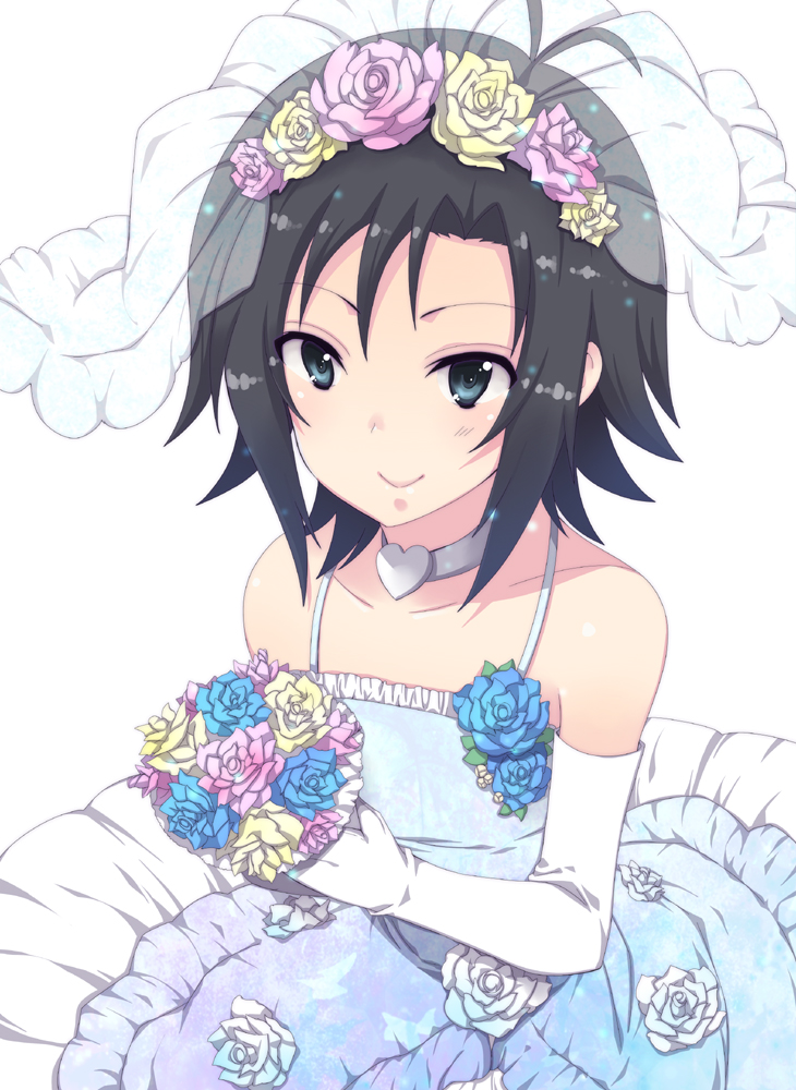 black_hair, bouquet, bridal_veil, choker, dress, elbow_gloves, flower, gloves