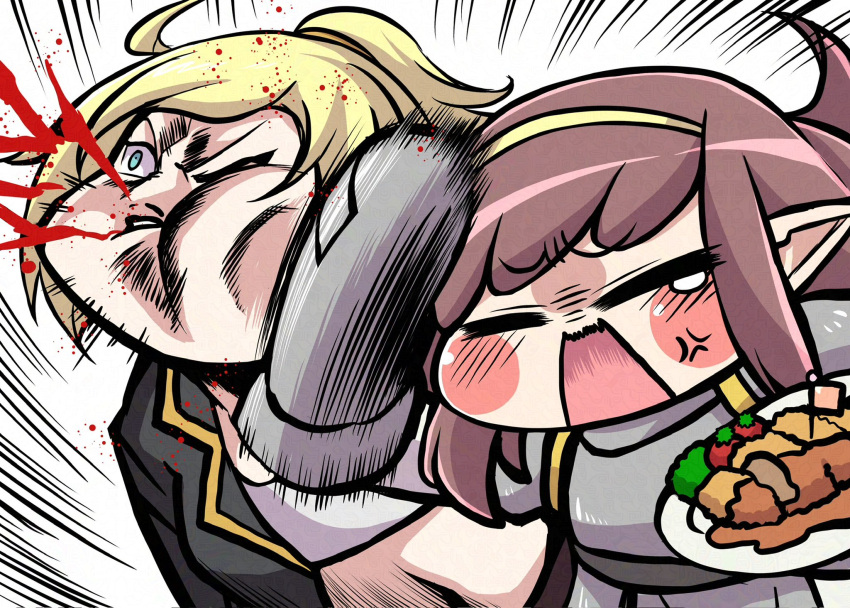 2girls, anger_vein, angry, armor, black_jacket, blonde_hair, blood, blue_eyes