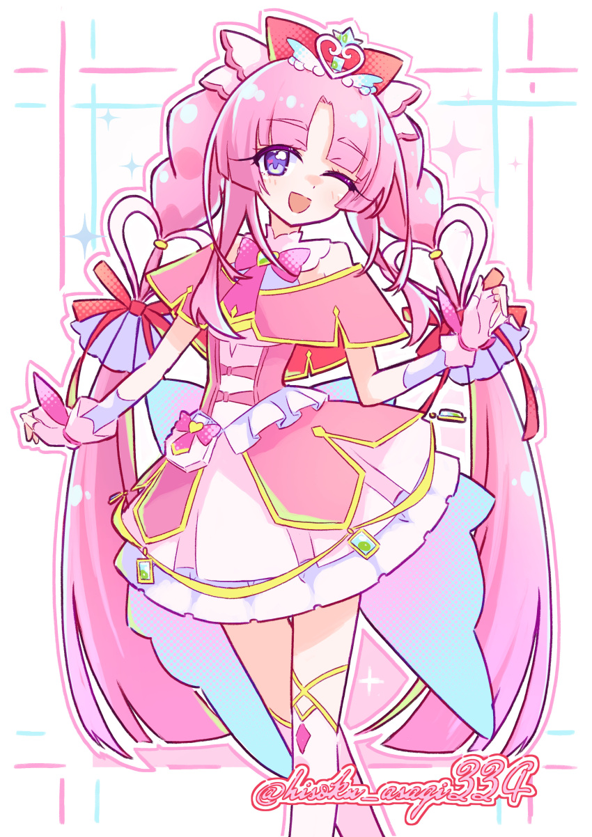 1girl, :d, absurdres, brooch, capelet, commentary_request, cure_mystique, dress