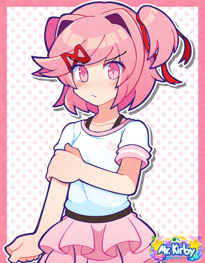 1girl, :/, artist_logo, border, clenched_hand, closed_mouth, commentary, doki_doki_literature_club, dot_nose, english_commentary, hair_intakes, hair_ornament, hair_ribbon, hairclip, highres, layered_skirt, light_blush, logo, looking_at_viewer, mrkirbyan, natsuki_(doki_doki_literature_club), official_alternate_costume, outline, pink_border, pink_eyes, pink_hair, pink_skirt, polka_dot, polka_dot_background, red_ribbon, ribbon, shirt, short_hair, sidelocks, simple_background, skirt, solo, t-shirt, twitter_username, two_side_up, white_background, white_outline, white_shirt