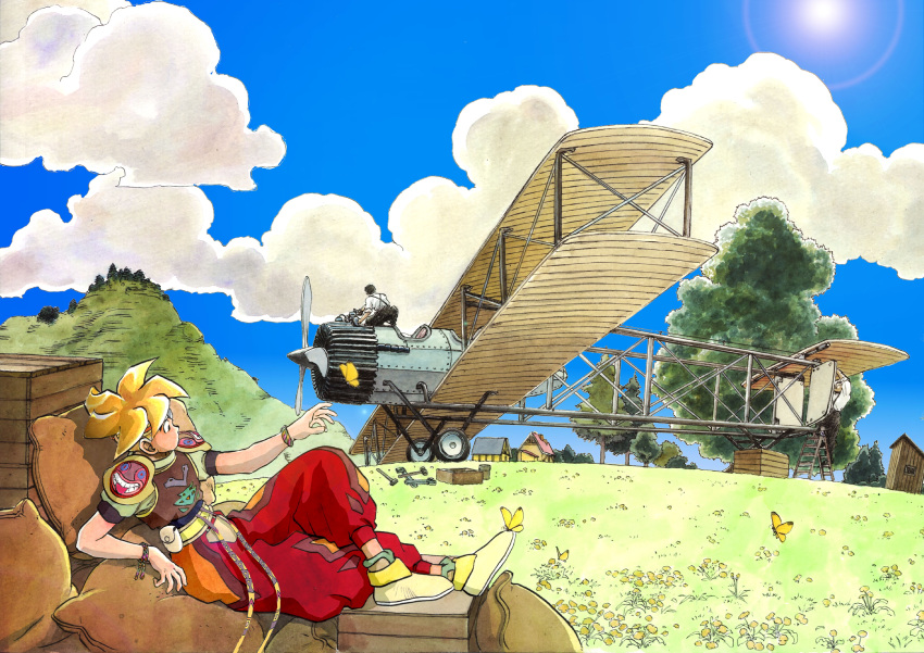 2boys, absurdres, ark_(tenchi_souzou), baggy_pants, brown_hair, bug, butterfly, clouds