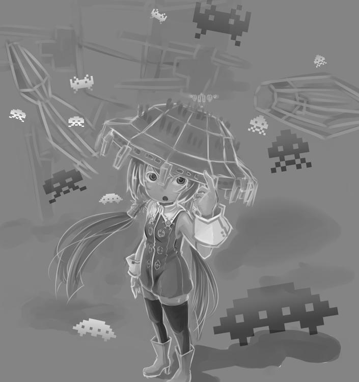 1girl, :o, alien, boots, commentary_request, giant, giantess, grey_background