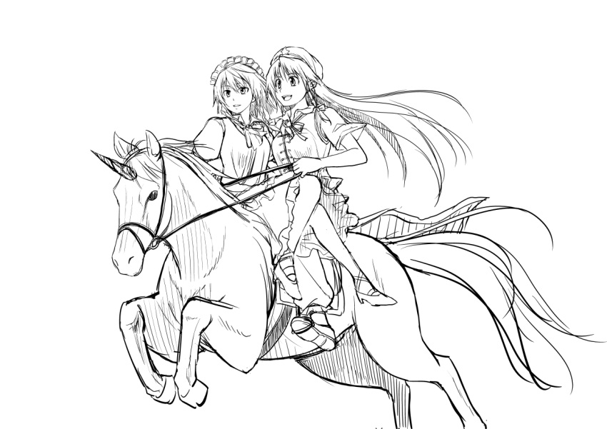 asou_shin, braid, hair_ribbon, hat, hong_meiling, horse_riding, horseback_riding, izayoi_sakuya