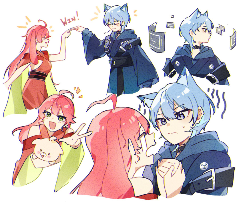 2girls, :d, =_=, ahoge, animal_ears, bare_shoulders, black_choker, blue_eyes, blue_kimono, brown_sash, cho_kaguya-hime!, choker, closed_eyes, commentary, cosplay, crying, english_commentary, fox_ears, gloom_(expression), grabbing_another's_hand, green_eyes, highres, holographic_interface, hololive, hood, hood_down, hoshimachi_suisei, japanese_clothes, kaguya_(cho_kaguya-hime!), kaguya_(cho_kaguya-hime!)_(cosplay), kiel_adair, kimono, long_hair, looking_at_another, lop_rabbit_ears, multiple_girls, multiple_views, obi, open_mouth, pink_hair, puff_of_air, rabbit_ears, red_kimono, sakayori_iroha, sakayori_iroha_(cosplay), sakura_miko, sash, short_hair, simple_background, smile, star_(symbol), star_in_eye, streaming_tears, sweatdrop, symbol_in_eye, tears, v, virtual_youtuber, white_background