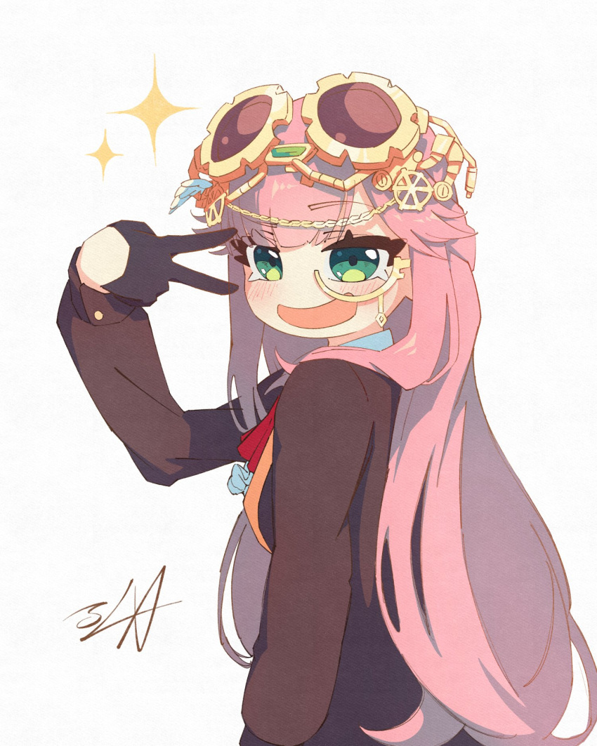 1girl, aivy_lovencraft, blush, fanart, goggles, goggles_on_head, green_eyes, highres, indie_virtual_youtuber, long_hair, monocle, pink_hair, smile, solo, sr_leo_(inkbot), v, virtual_youtuber, vtuber, vtuberfanart, white_background