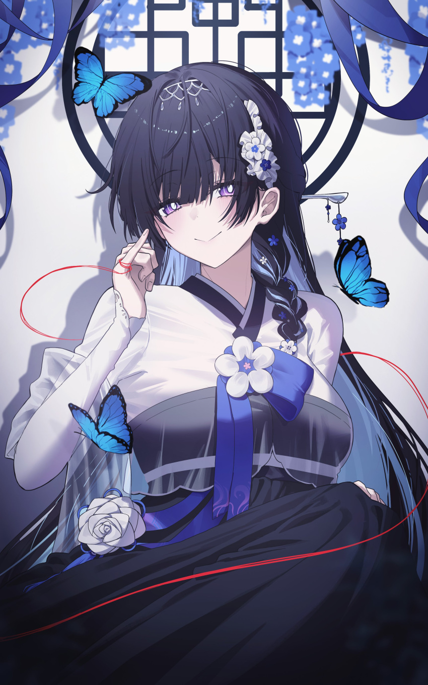 1girl, absurdres, alternate_costume, black_hair, blue_butterfly, blue_hair, breasts, bright_pupils, bug, butterfly, closed_mouth, colored_inner_hair, commentary, hair_ornament, hand_up, highres, honkai_(series), honkai_impact_3rd, hyume_26, long_hair, looking_at_viewer, medium_breasts, multicolored_hair, raiden_mei, smile, solo, string, string_of_fate, violet_eyes, white_pupils