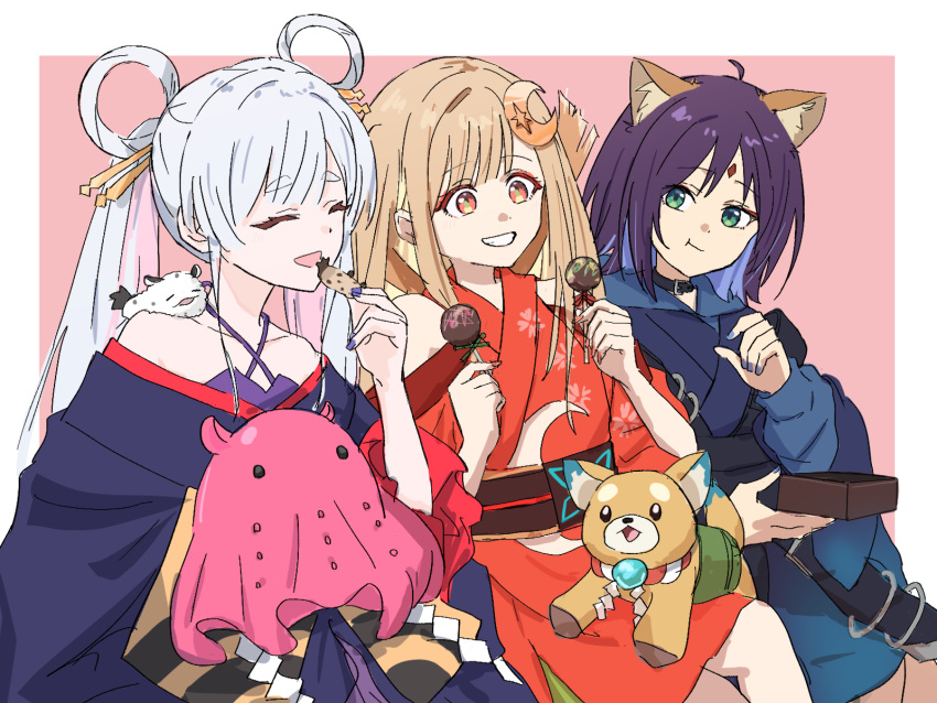 3girls, :t, ^_^, animal_ears, bare_shoulders, blonde_hair, cho_kaguya-hime!, closed_eyes