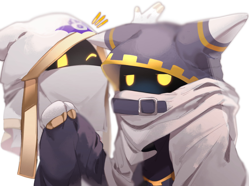 2boys, cloak, commentary_request, gloves, gold_trim, hat, highres, hood