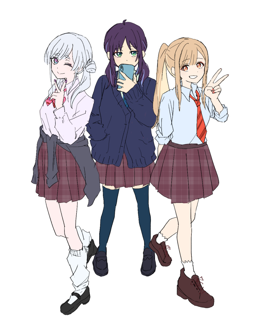 3girls, alternate_costume, alternate_hairstyle, black_thighhighs, blonde_hair, blue_cardigan, blue_eyes, brown_eyes