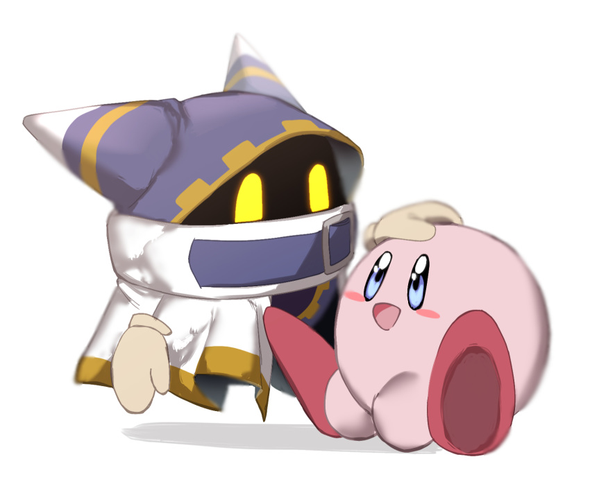 2boys, blue_eyes, blush_stickers, cape, closed_eyes, colored_skin, commentary_request, gloves, hat, highres, holding, kirby, kirby's_return_to_dream_land, kirby_(series), looking_at_viewer, magolor, multiple_boys, no_humans, open_mouth, partial_commentary, pink_skin, rayman_limbs, smile, white_background, wings, yellow_eyes, ypsw7328_(zakobennki)
