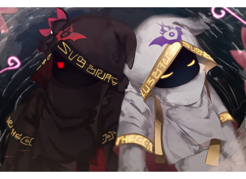 1boy, cloak, commentary_request, corrupt_hyness, dark_background, dual_persona, glowing, glowing_eyes