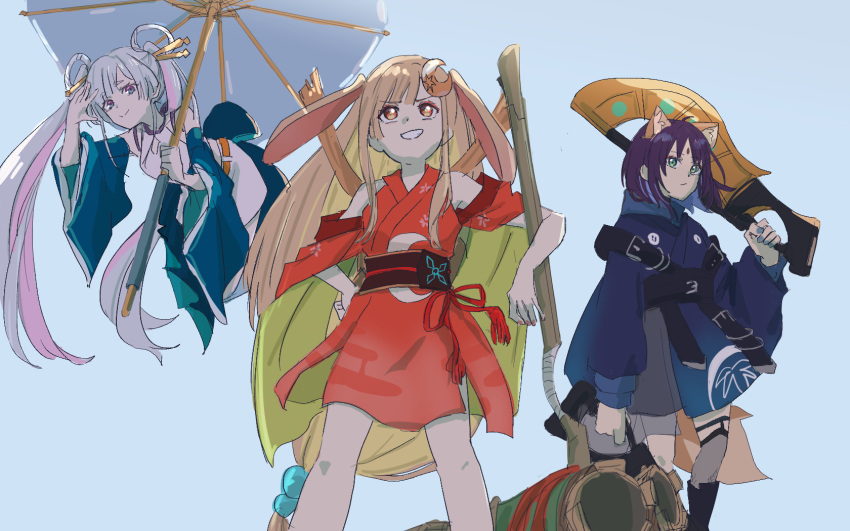 3girls, :/, :d, arm_up, bare_shoulders, blonde_hair, blue_kimono, cho_kaguya-hime!