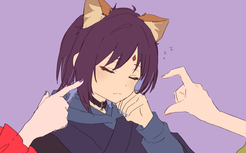 3girls, animal_ears, black_choker, blue_hair, blue_hoodie, cho_kaguya-hime!, choker, closed_mouth, colored_inner_hair, commentary, fingerless_gloves, forehead_jewel, fox_ears, gloves, hand_on_own_cheek, hand_on_own_face, highres, hood, hood_down, hoodie, imminent_poke, ini_yoy, kaguya_(cho_kaguya-hime!), medium_hair, multicolored_hair, multiple_girls, out_of_frame, portrait, purple_background, purple_hair, purple_nails, runami_yachiyo, sakayori_iroha, sleeping, sleeping_upright, solo_focus, zzz