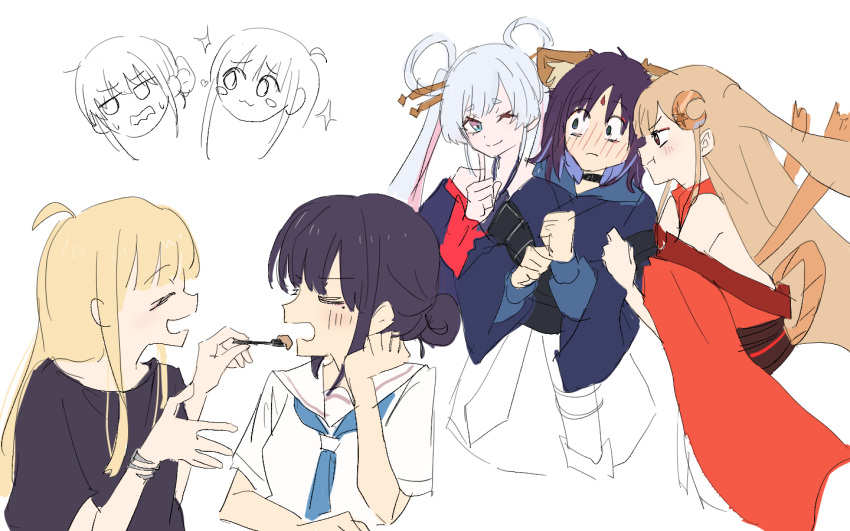 3girls, :3, :t, ;), ahoge, animal_ears, black_choker, black_shirt
