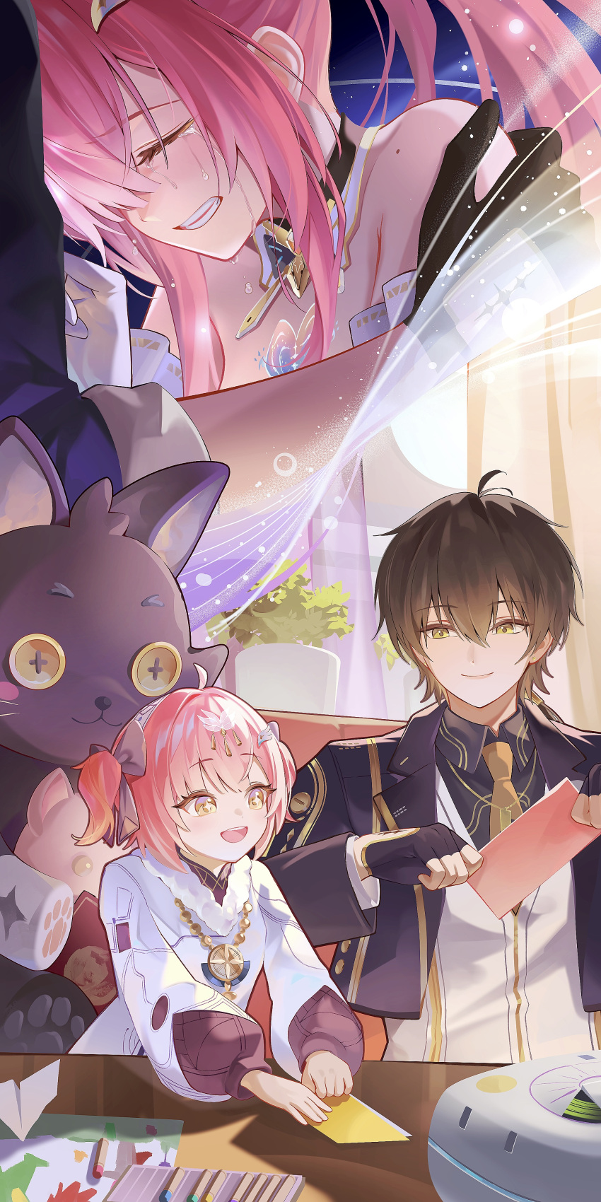 1boy, 1girl, absurdres, adoptive_parent_and_adoptive_child, aemeath_(wuthering_waves), aemeath_(young)_(wuthering_waves), ahoge, black_hair, black_jacket, chigusa7h, clenched_teeth, closed_mouth, commentary_request, crayon, crying, father_and_daughter, hair_between_eyes, hair_ornament, highres, holding, holding_paper, jacket, long_hair, making_paper_airplane, male_rover_(perpetual_spark)_(wuthering_waves), male_rover_(wuthering_waves), necktie, official_alternate_costume, open_mouth, paper, pink_hair, rover_(wuthering_waves), second-party_source, short_hair, short_twintails, sidelocks, smile, split_theme, stuffed_animal, stuffed_cat, stuffed_toy, tacet_mark_(wuthering_waves), teeth, twintails, wuthering_waves, yellow_eyes, yellow_necktie