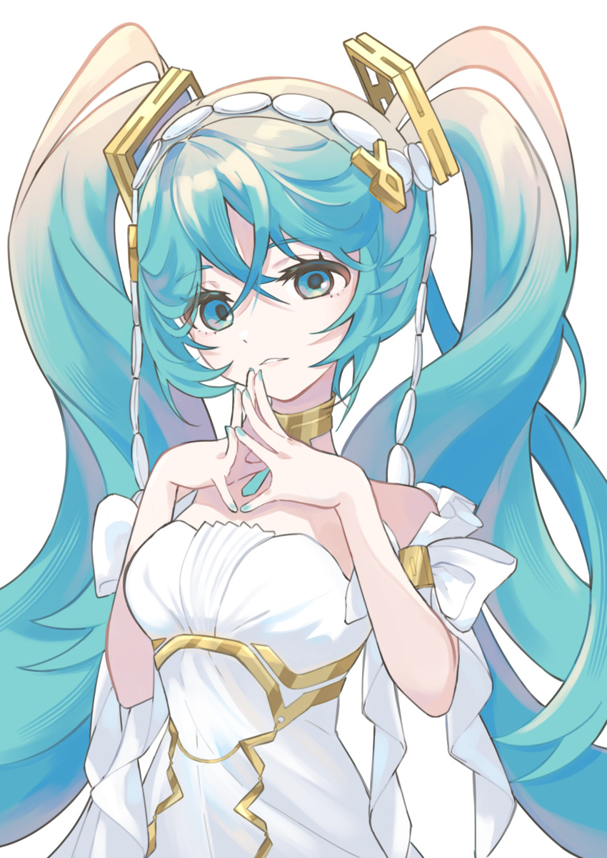 1girl, absurdres, aqua_eyes, aqua_hair, aqua_nails, breasts, choker, commentary_request, dress, fingernails, gold_choker, hair_between_eyes, hair_ornament, hatsune_miku, highres, kami_idol312, medium_breasts, muse_of_creation_miku, nail_polish, parted_lips, simple_background, smile, upper_body, vocaloid, white_background, white_dress