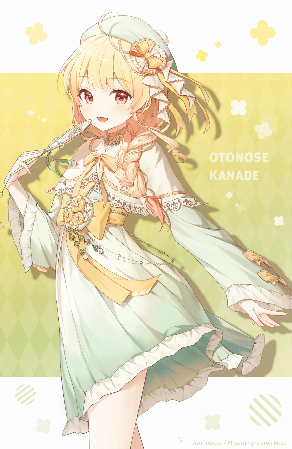 1girl, :d, blonde_hair, bow, braid, capelet, character_name, commentary