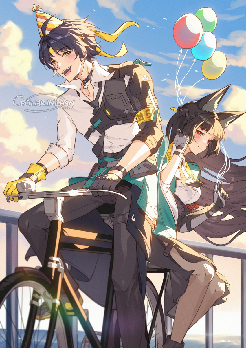 1boy, 1girl, absurdres, asaba_harumasa, balloon, bicycle, ceciliarinchan, hat