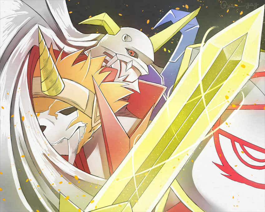 absurdres, asymmetrical_dual_wielding, black_background, cape, commentary_request, digimon, digimon_(creature), dual_wielding
