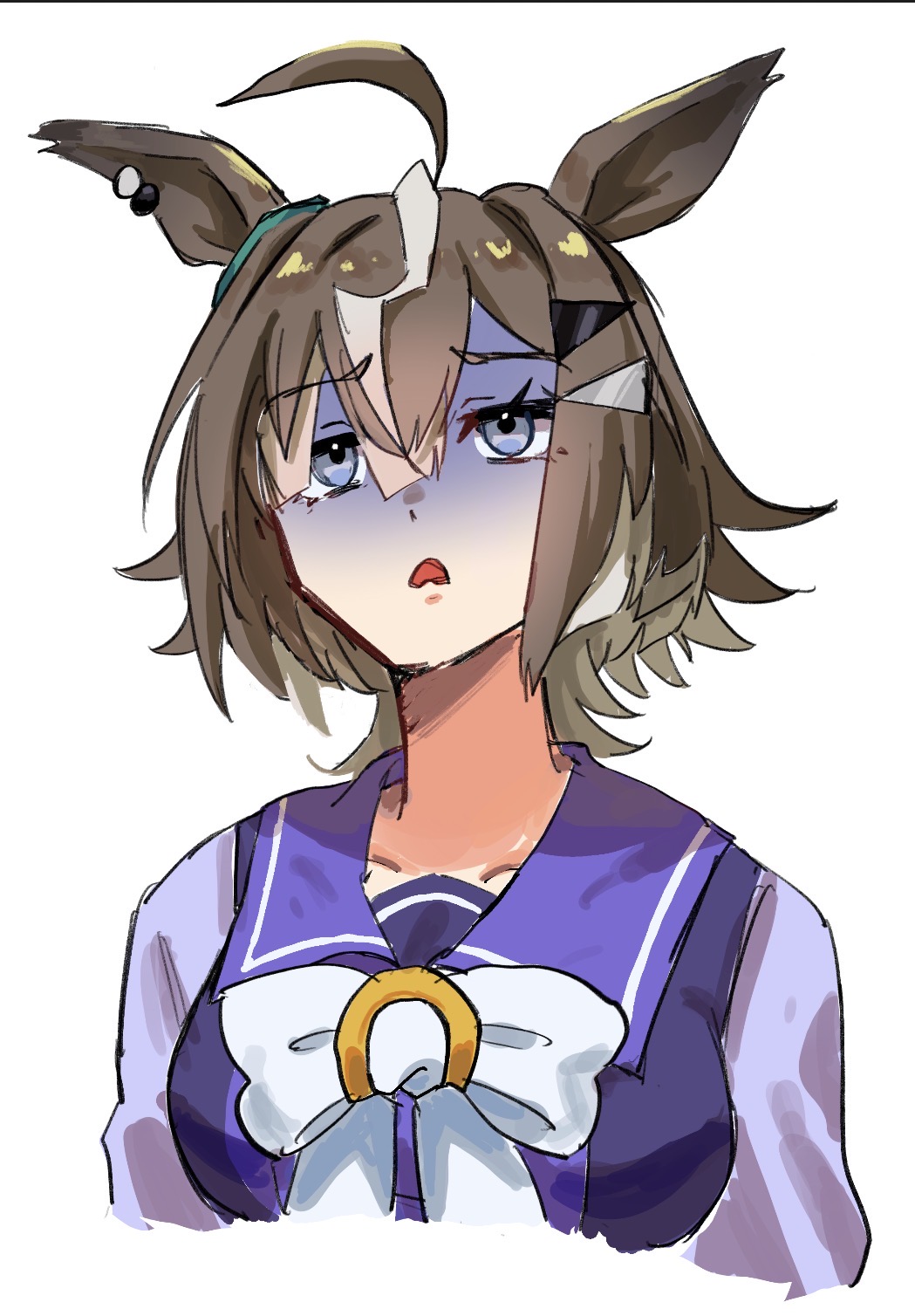 1girl, animal_ears, bow, bowtie, brown_hair, commentary_request, cropped_torso, ear_ornament