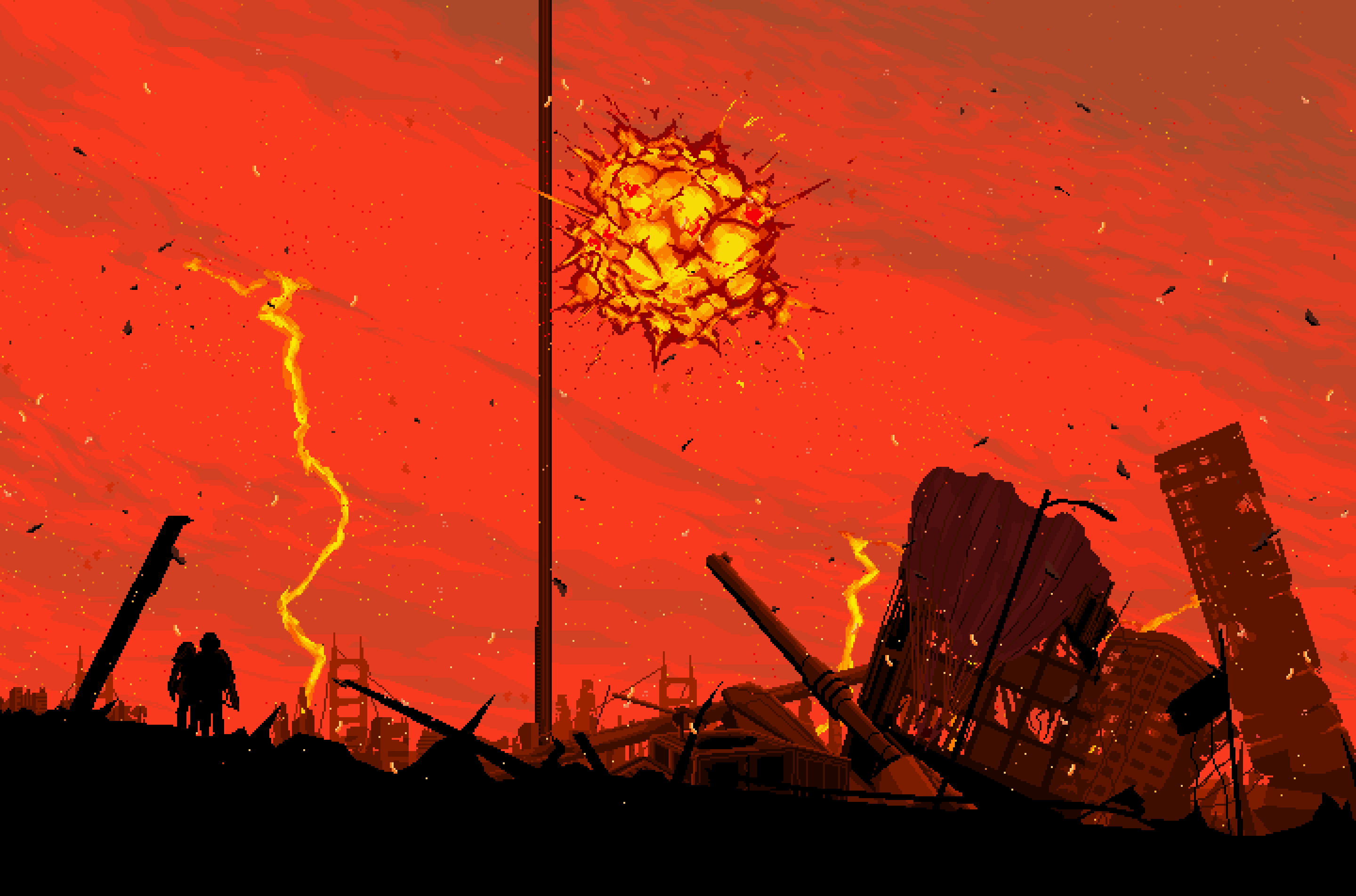 1boy, 1girl, after_battle, ashes, bridge, city, commentary, debris