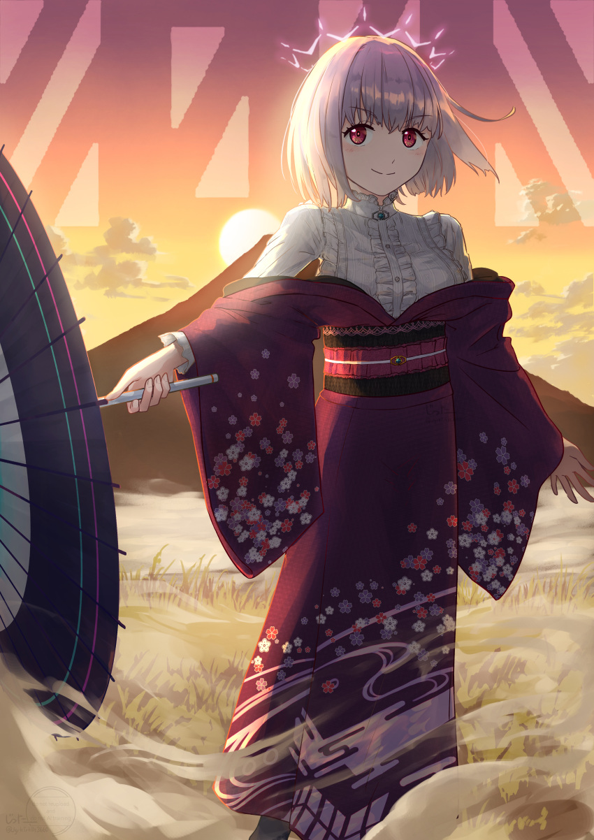 1girl, absurdres, artist_name, black_sash, breasts, center_frills, closed_mouth, clouds, commentary, floral_print, frilled_shirt, frills, grass, gridman_universe, halo, highres, holding, holding_umbrella, japanese_clothes, jitter_(jtdm5347), kimono, large_breasts, light_blush, long_sleeves, looking_at_viewer, medium_hair, mountainous_horizon, new_year, obi, oil-paper_umbrella, pink_halo, purple_hair, purple_kimono, red_eyes, sash, shinjou_akane, shirt, smile, solo, ssss.gridman, standing, sun, sunrise, umbrella, white_shirt, wide_sleeves, yukata